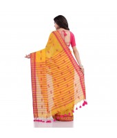 DESH BIDESH Women`s Traditional Bengali Tant Handloom Cotton Saree Galaxi Design With Blouse Piece(Yellow)